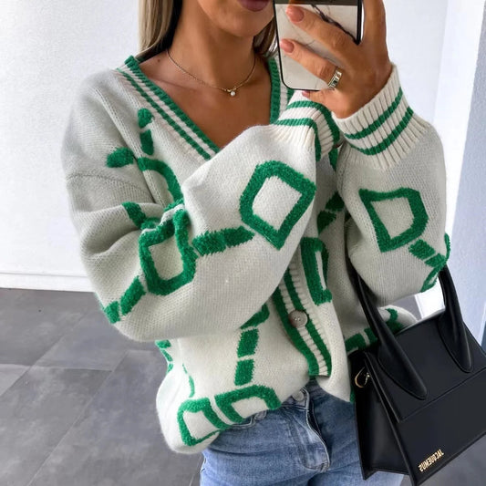 Cardigan maglione lavorato a maglia Nola - verde e bianco