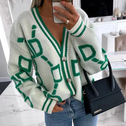 Cardigan maglione lavorato a maglia Nola - verde e bianco